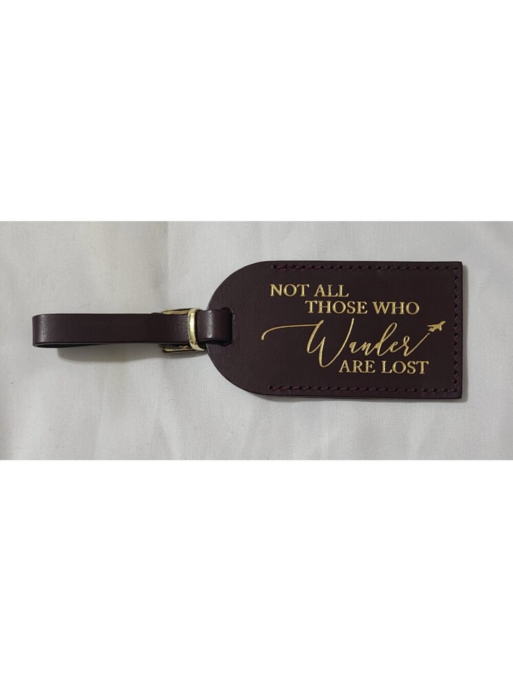Vegan Leather Luggage Bag ID Tag Brown Size 3.75x2 "Not All Who Wander Are Lost"